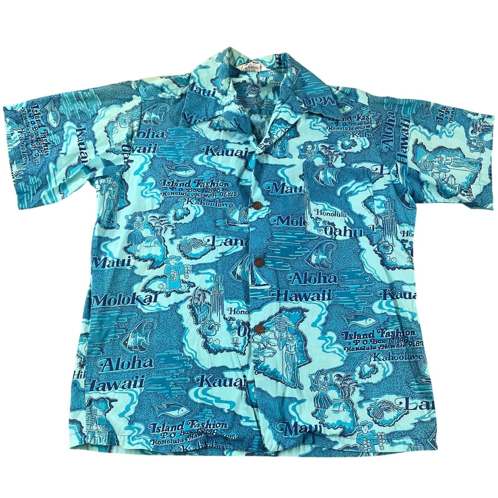 Vintage‎ 70s Island Fashions Hawaiian Shirt Button Loop Collar Men's Blue Fit M